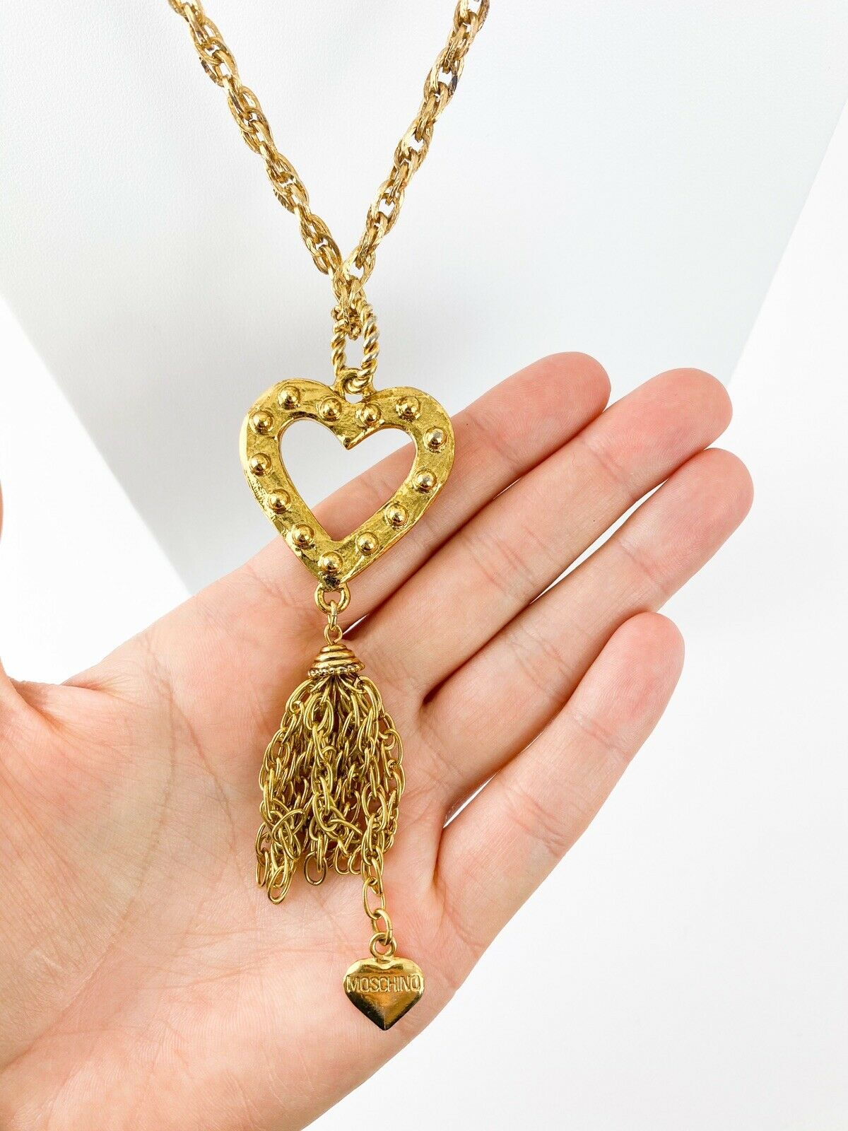 Moschino Vintage Gold Tone Openwork Heart Long Necklace Chain Fringe