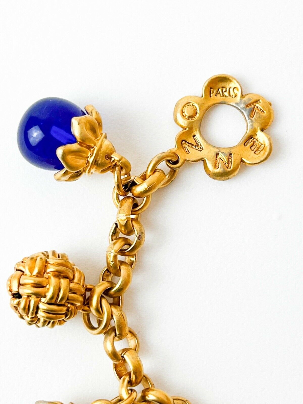 KENZO Paris Vintage Bracelet Gold Tone Dangling Charm Blue Glass Cabochon
