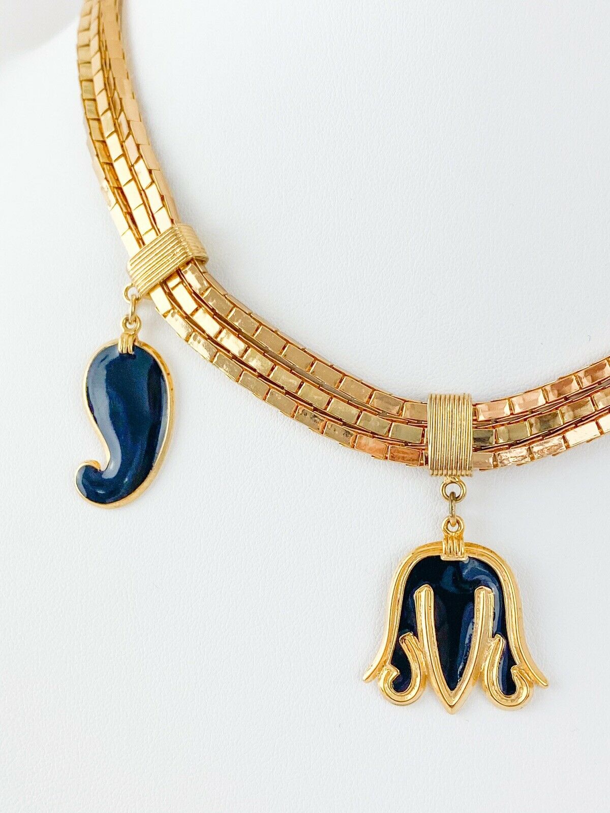 Balenciaga Paris Gold Tone Vintage Charm Necklace Black Enamel
