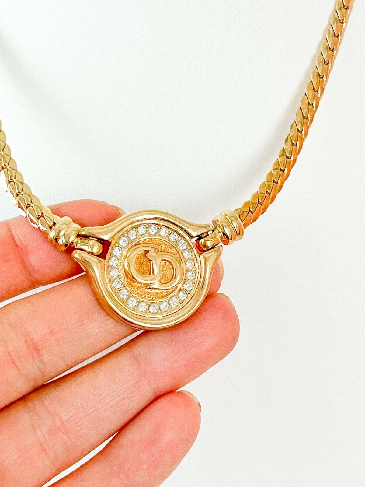 【SOLD OUT】Christian Dior Vintage Choker Necklace Gold Tone CD Logo Rhinestone