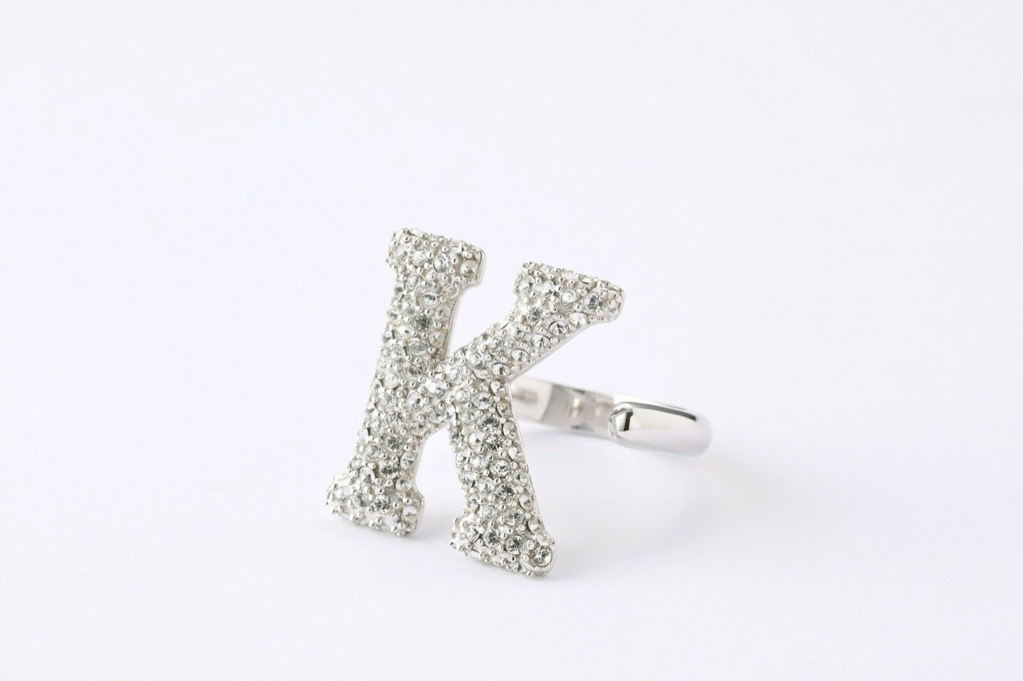 Alphabet Ring Initial K Swarovski Crystals Free Size Sterling Silver 925 Rhodium Plated