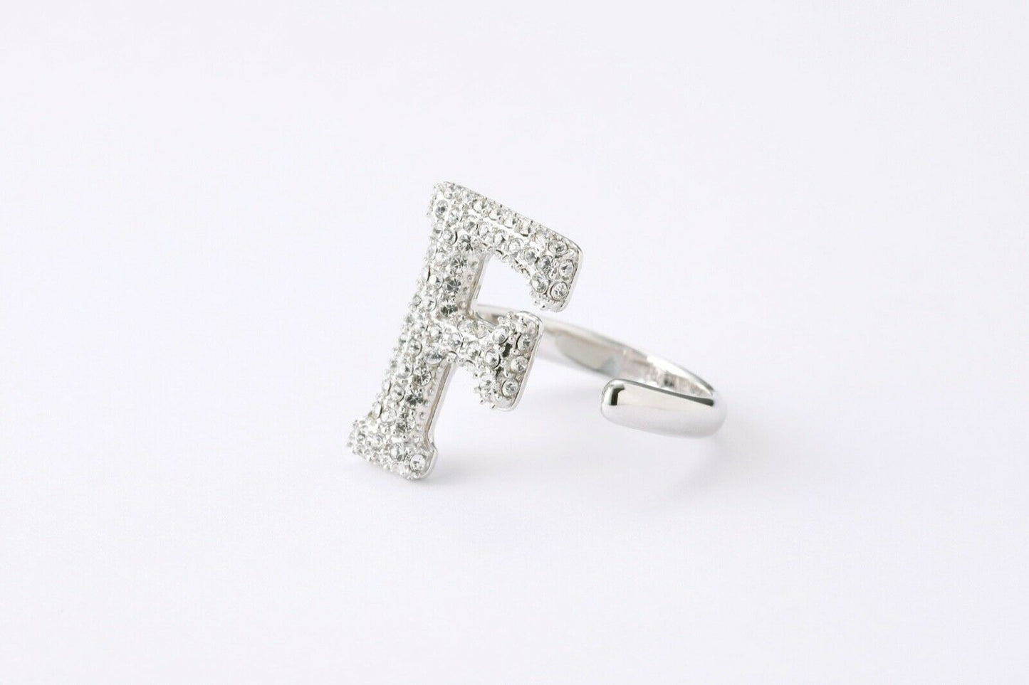 Alphabet Ring Initial F Swarovski Crystals Free Size Sterling Silver 925 Rhodium Plated