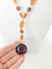 Givenchy Beaded Necklace Vintage Gold Tone Round Pendant Amber Brawn Gripoix