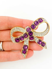 NINA RICCI Vintage Gold Tone Bow Ribbon Brooch Pin Rhinestone