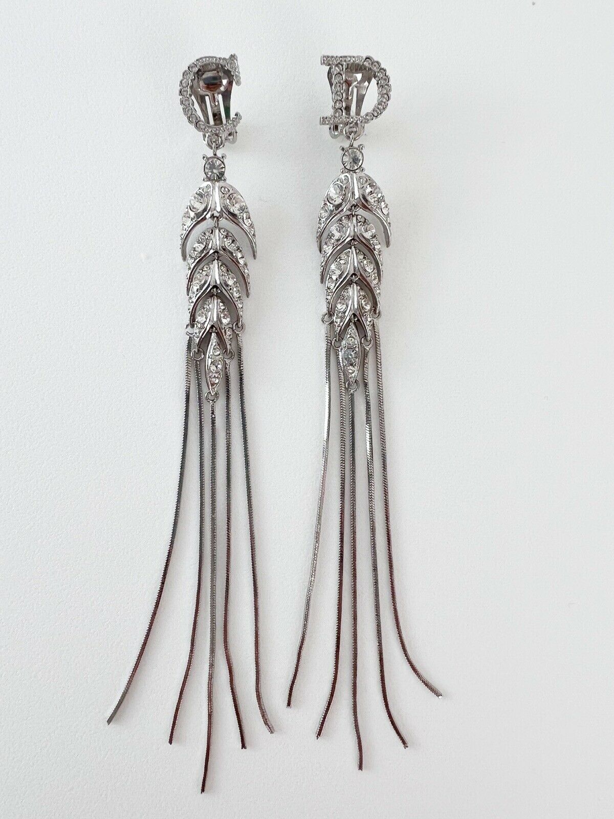 Christian Dior Silver Tone Vintage Clip-On Earrings Long Logo Rhinestones