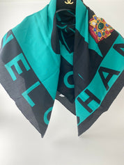 【SOLD OUT】Coco Chanel Vintage Scarf Silk 100% Large Green Made In Italy Beautiful
