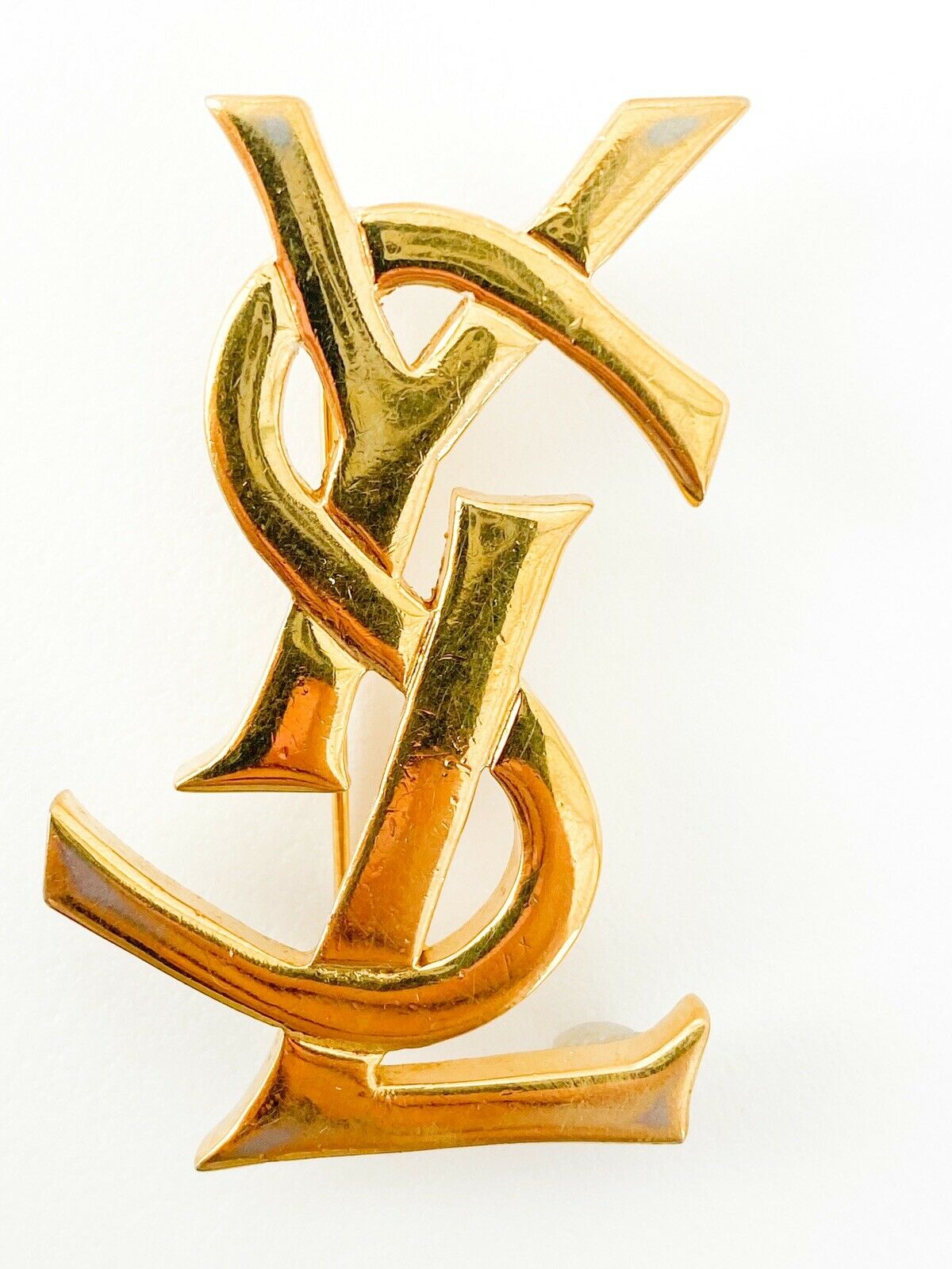 YSL Yves Saint Laurent Vintage Gold Tone Logo Brooch Pin