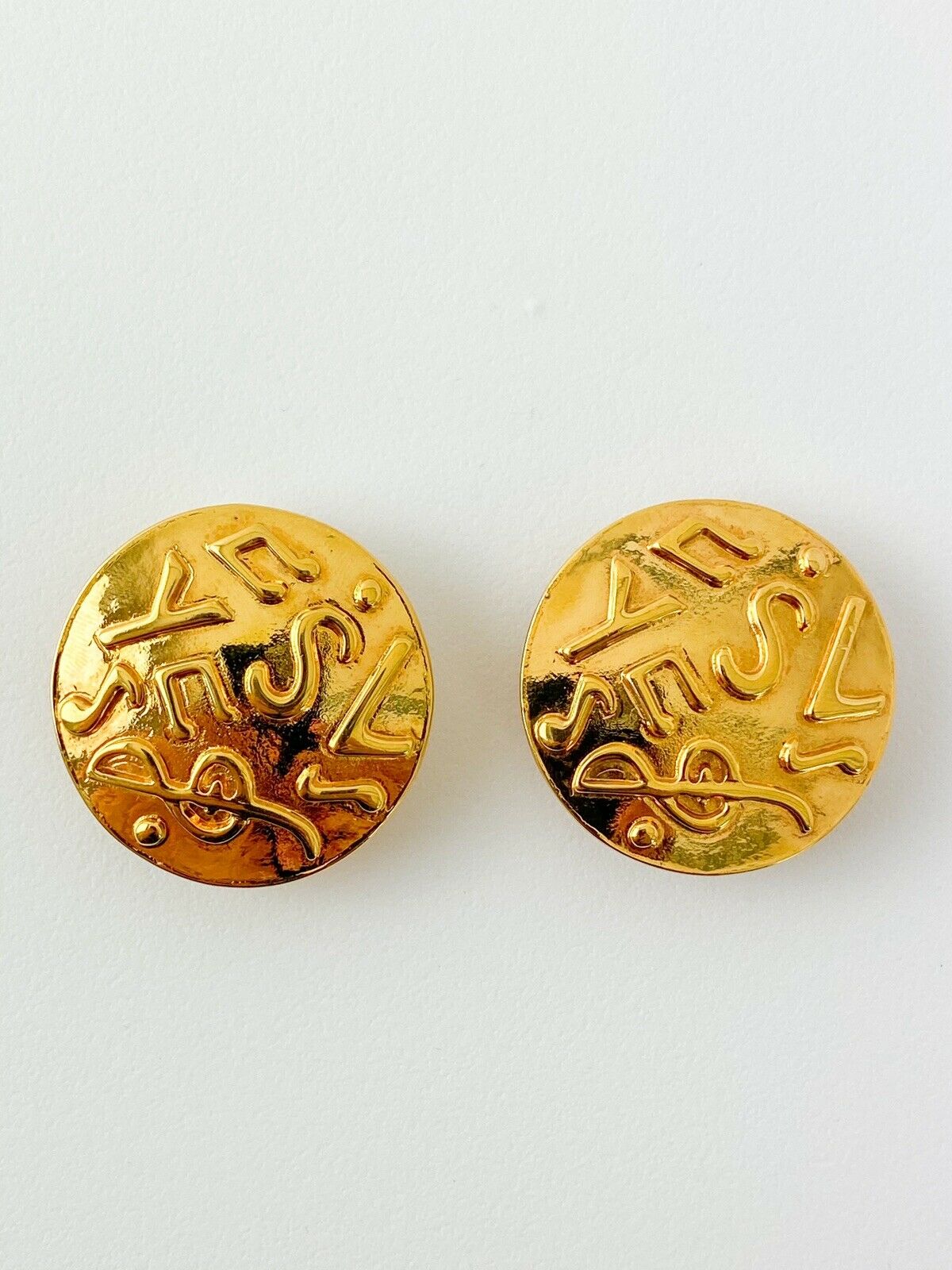 YSL Yves Saint Laurent Vintage Gold Tone Medal Earrings Logo Music Note