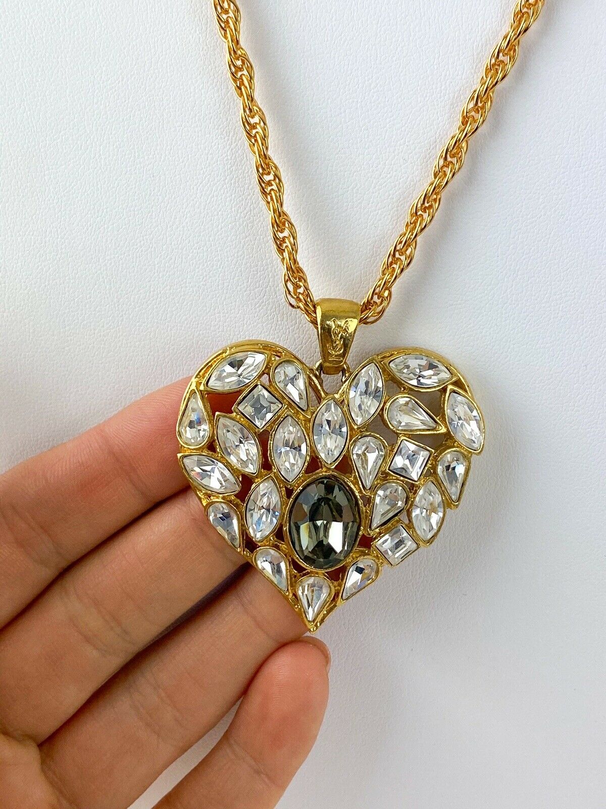 【SOLD OUT】YSL Yves Saint Laurent Vintage Gold Tone Heart Necklace Rhinestone