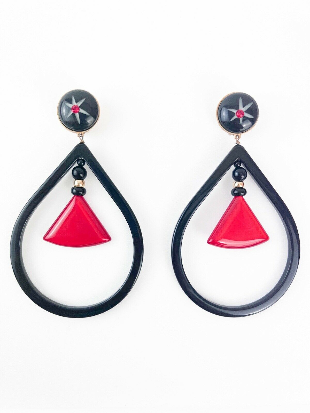 【SOLD OUT】Giorgio Armani Vintage Gold Tone Massive Dangle Hoop Earrings Black Red