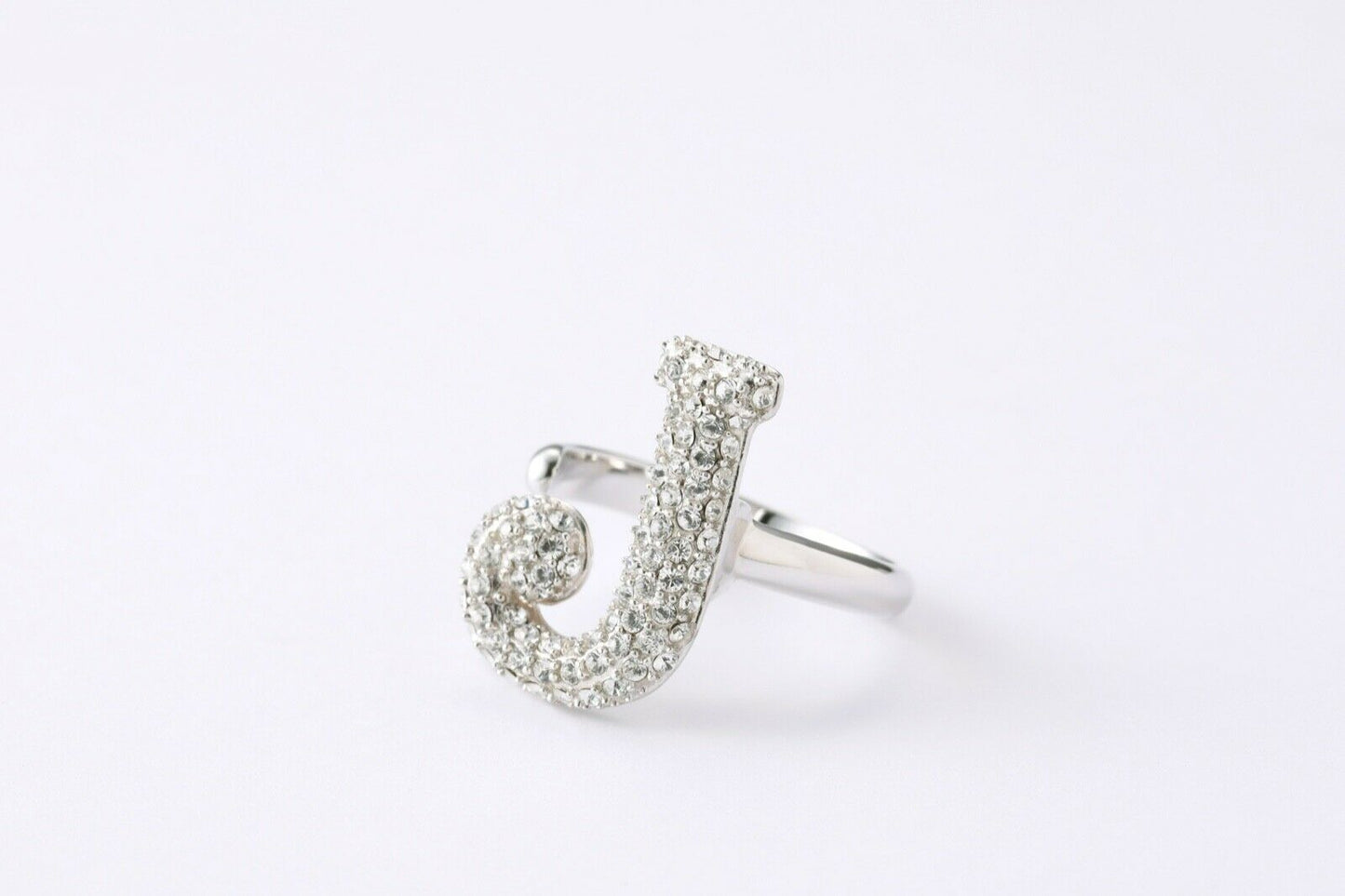 Alphabet Ring Initial J Swarovski Crystals Free Size Sterling Silver 925 Rhodium Plated