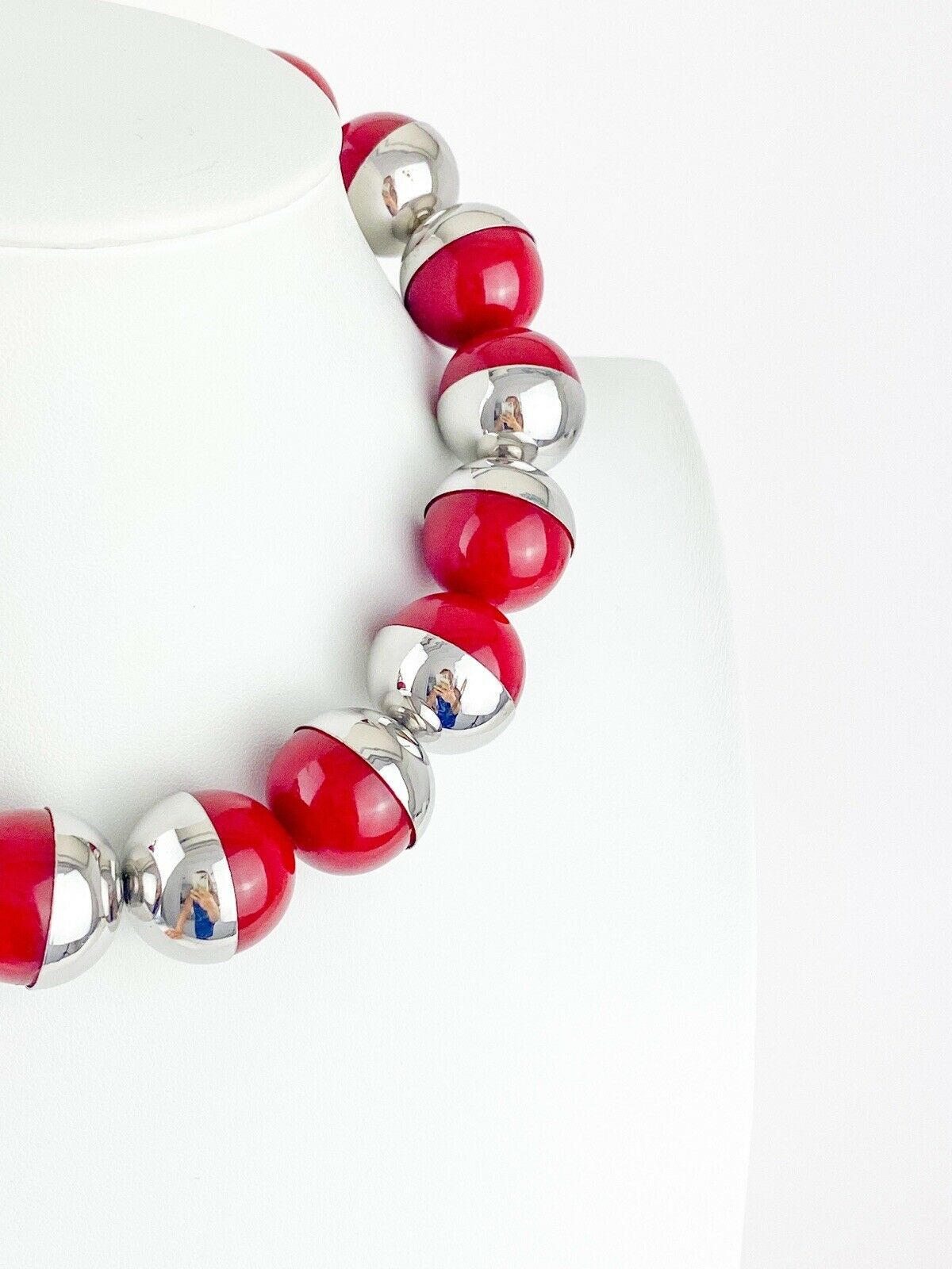 YSL Yves Saint Laurent Vintage Silver Tone Red Massive Bead Choker Necklace