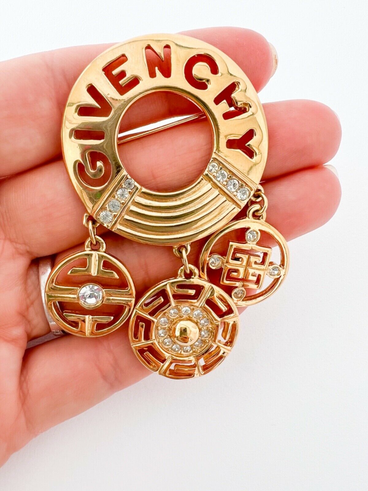 Givenchy Vintage Gold Tone Brooch Pin Logo Rhinestone Dangling Charms