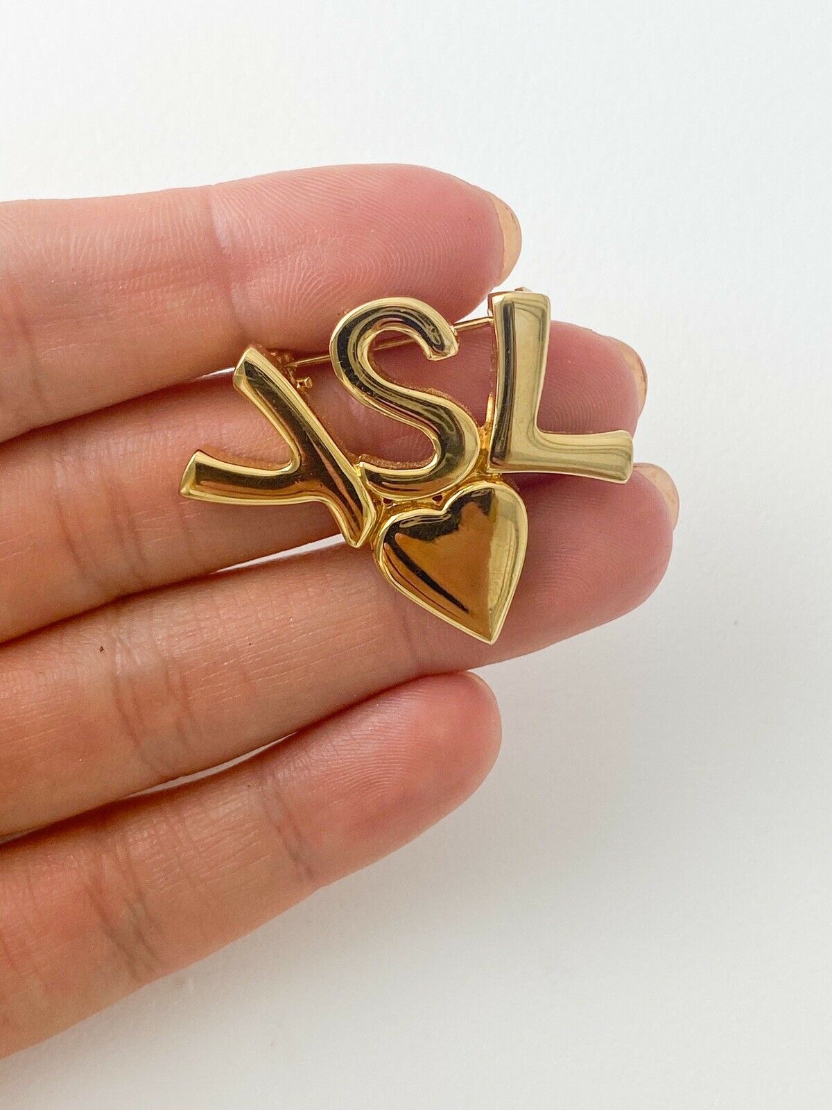 YSL Yves Saint Laurent Vintage Gold Tone YSL Logo Heart Brooch Pin