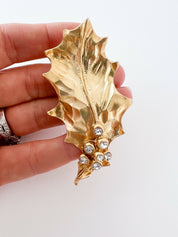 YSL Yves Saint Laurent Vintage Leaf Brooch Pin Pendant 2 Ways Rhinestones Gold Tone