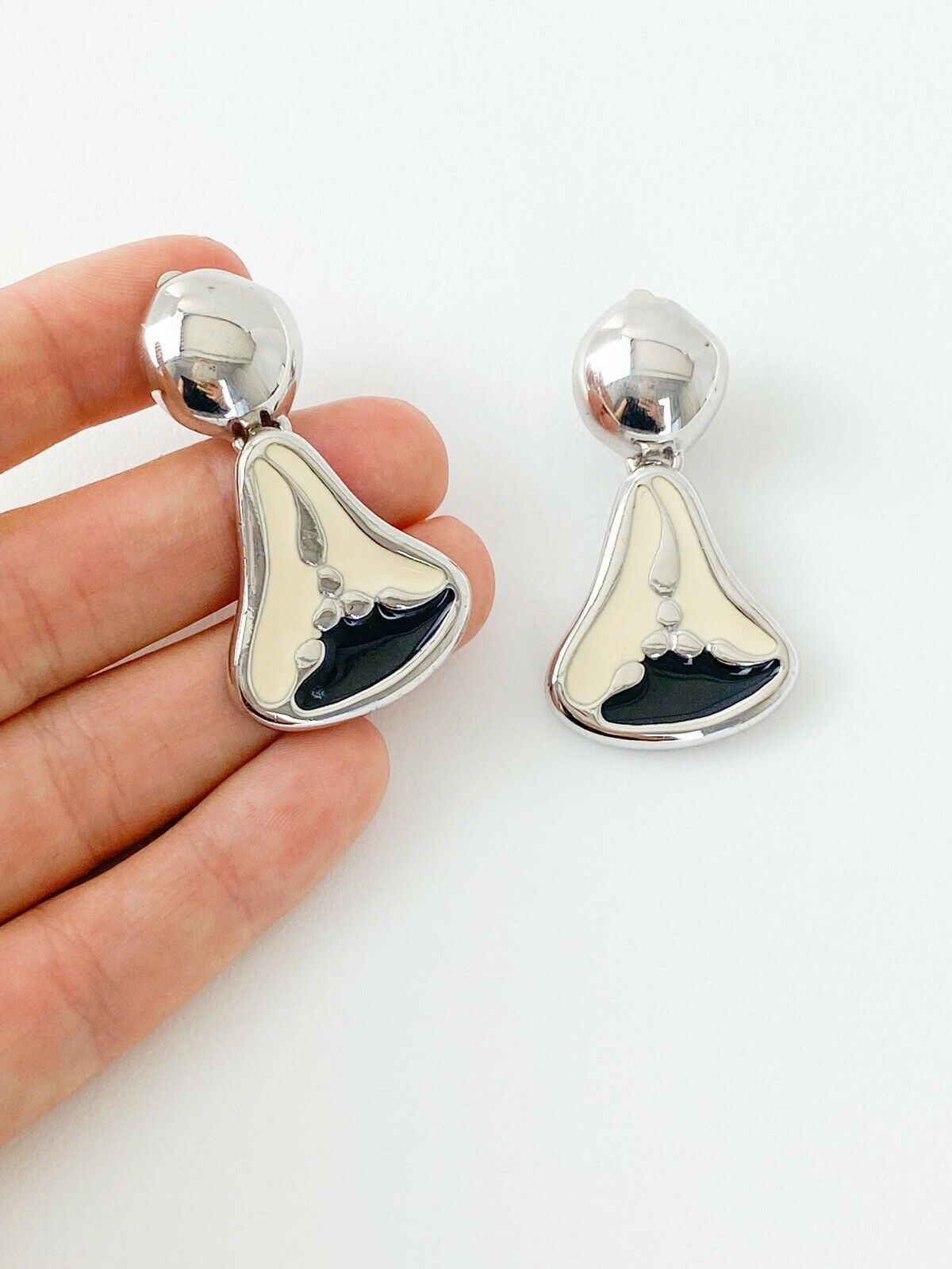 Givenchy Paris Silver Tone Dangle Earrings Vintage Enamel Black