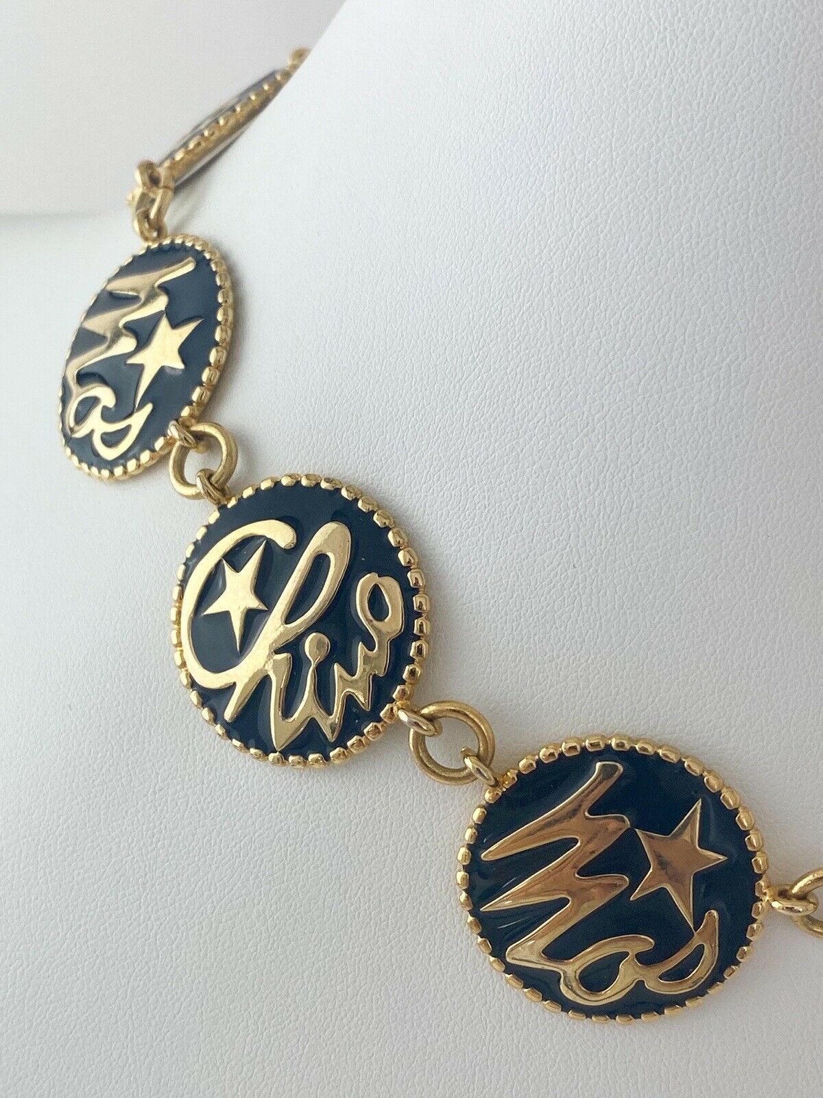 Moschino Vintage Gold Tone Logo Disc Necklace Black Enamel