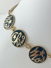 Moschino Vintage Gold Tone Logo Disc Necklace Black Enamel