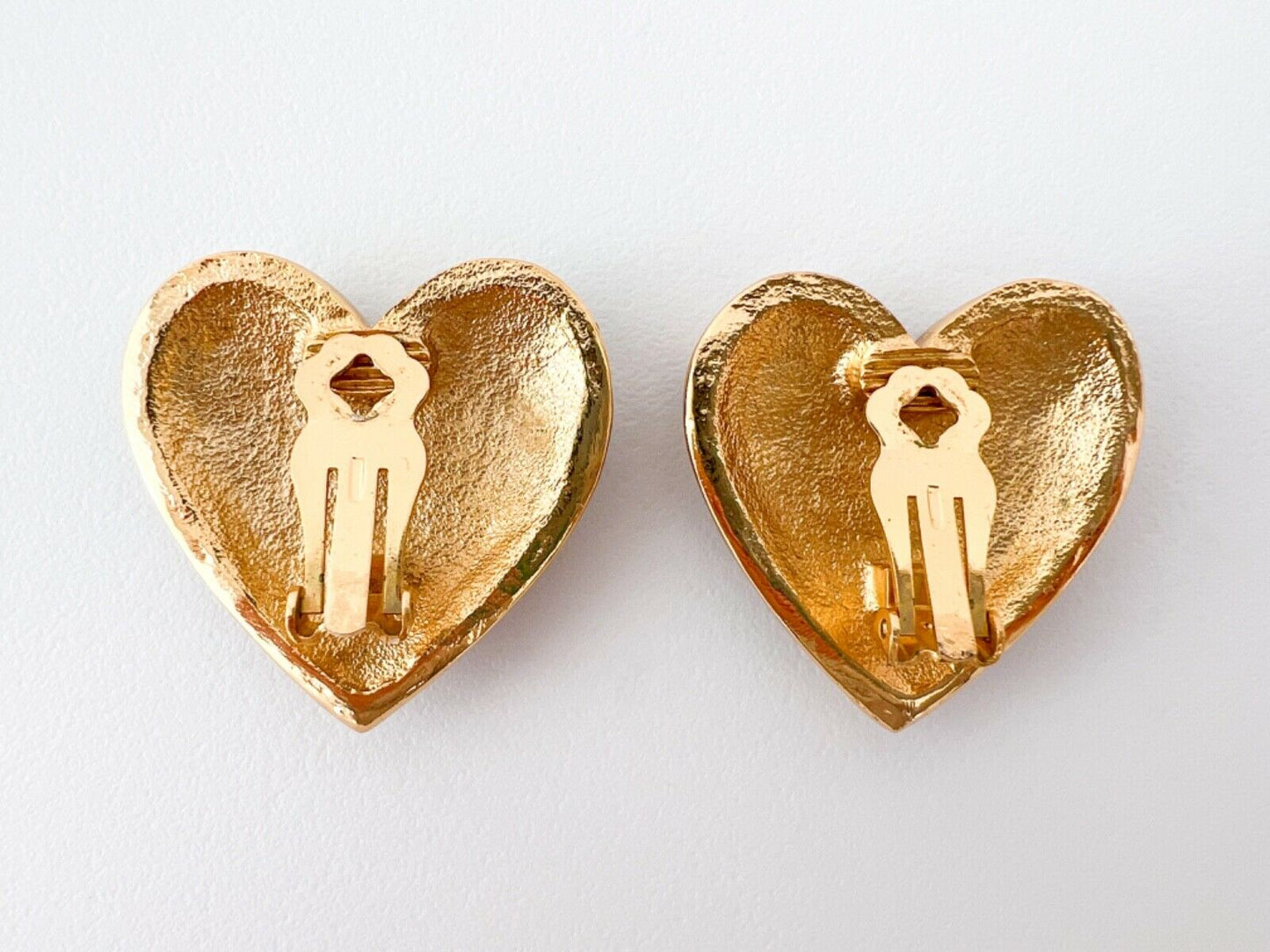 Jacques Fath Gold Tone Heart Clip-On Earrings Black JF Logo Rhinestone
