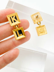 Karl Lagerfeld Vintage Gold Tone Dangle Earrings KL Script Square