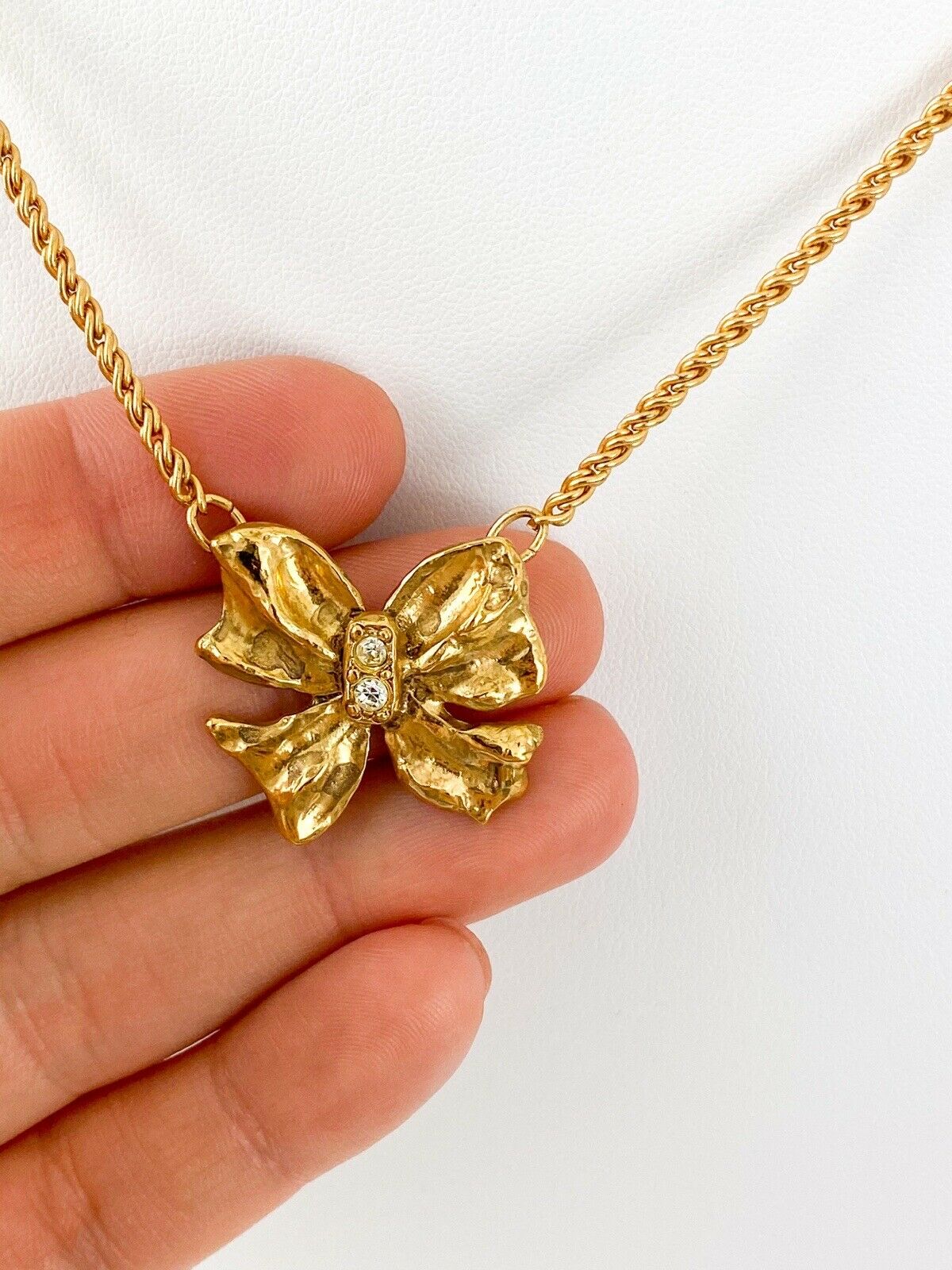 YSL Yves Saint Laurent Vintage Gold Tone Bow Ribbon Necklace Rhinestone