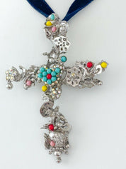 Christian Lacroix Vintage Silver Tone Cross Necklace Velvet Strap Beads Made in France