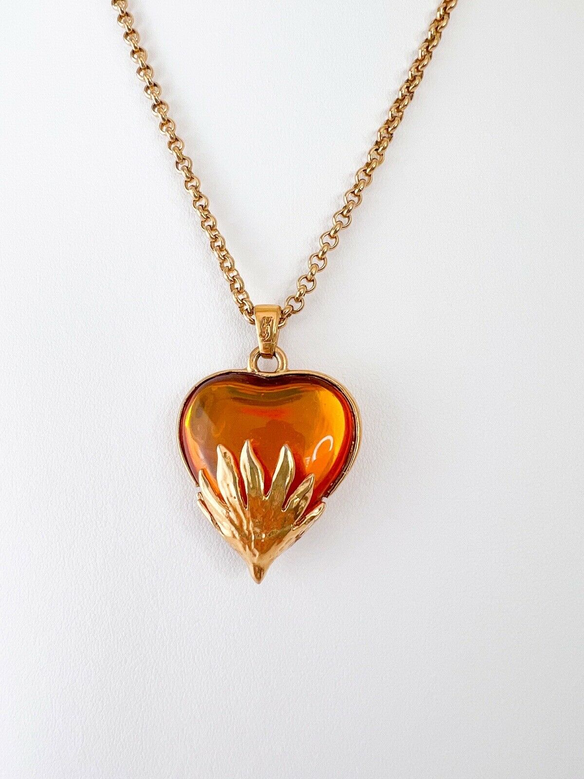 【SOLD OUT】YSL Yves Saint Laurent Vintage Gold Tone Heart Necklace Amber Cabochon