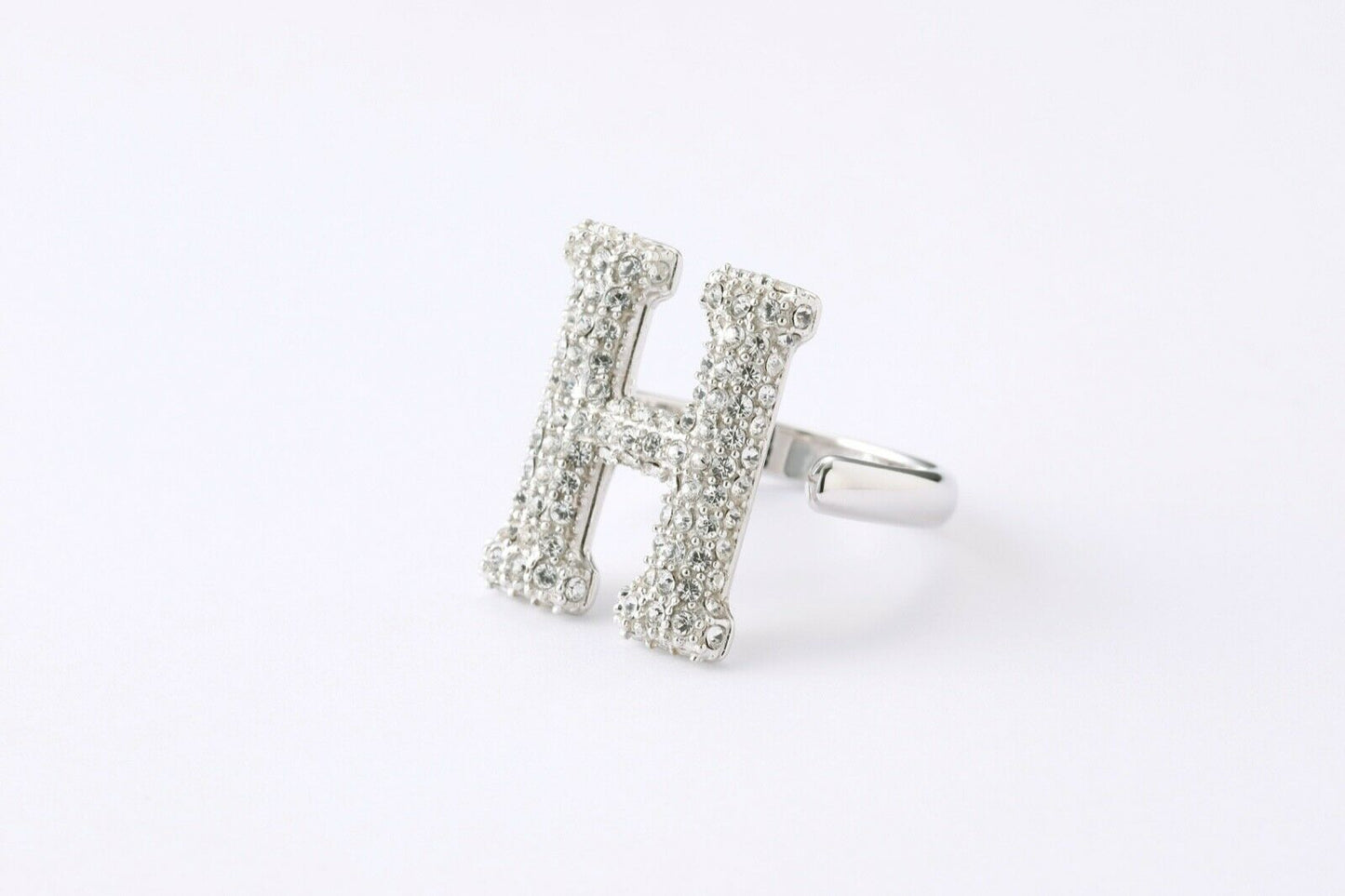 Alphabet Ring Initial H Swarovski Crystals Free Size Sterling Silver 925 Rhodium Plated