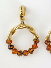 Givenchy Paris Vintage Gold Tone Hoop Earrings Logo Amber Beaded