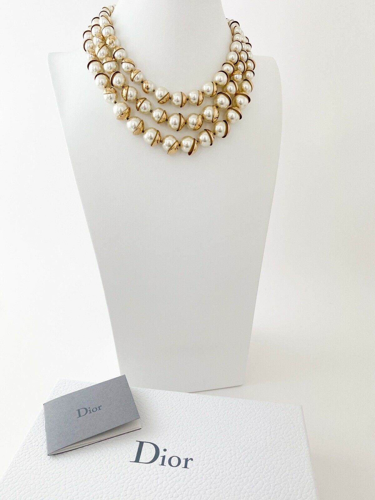 Christian Dior Mise en Dior Vintage Gold Tone Multi-Strand Necklace Faux Pearl