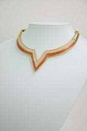 Valentino Gold Tone Collar Necklace "V" design Brown Beige Vintage