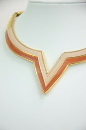 Valentino Gold Tone Collar Necklace "V" design Brown Beige Vintage