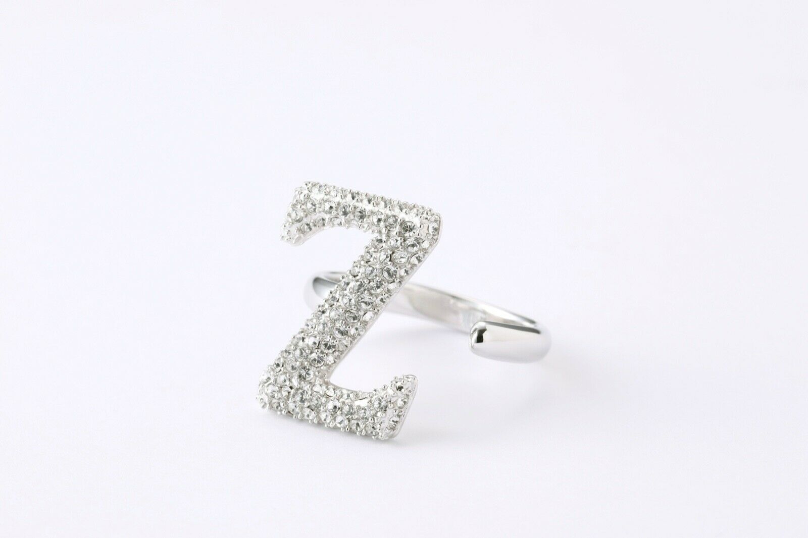 Alphabet Ring Initial  Z Swarovski Crystals Free Size Sterling Silver 925 Rhodium Plated