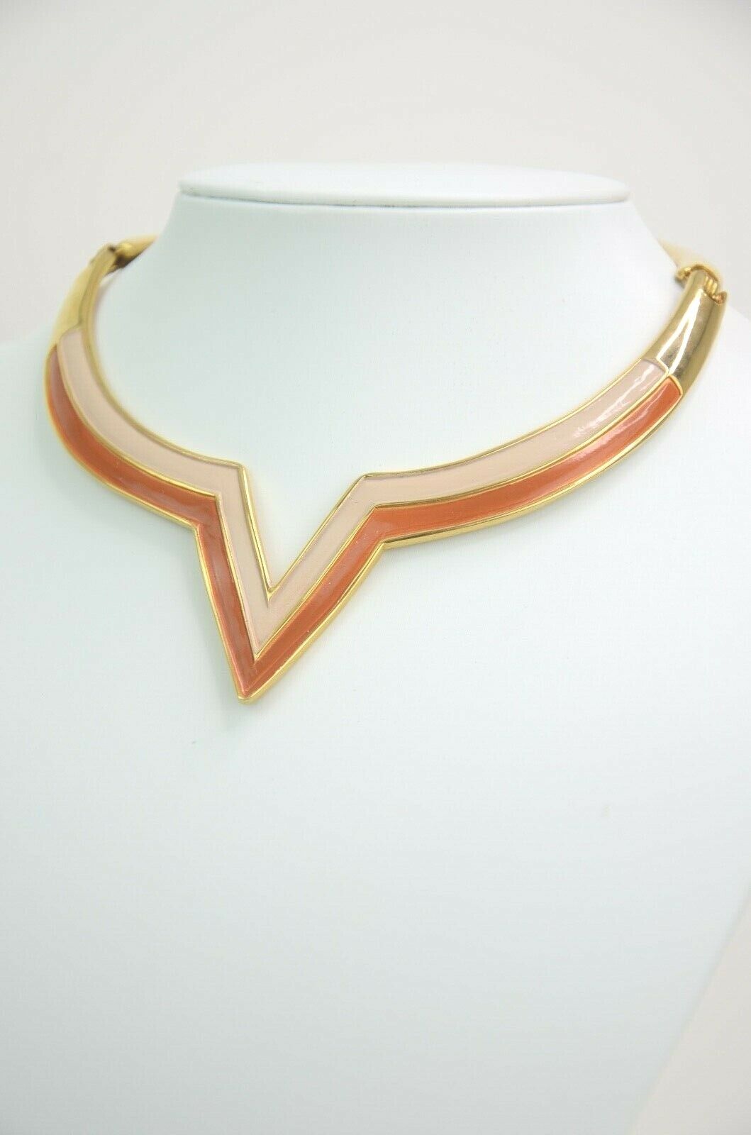 Valentino Gold Tone Collar Necklace "V" design Brown Beige Vintage