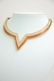 Valentino Gold Tone Collar Necklace "V" design Brown Beige Vintage