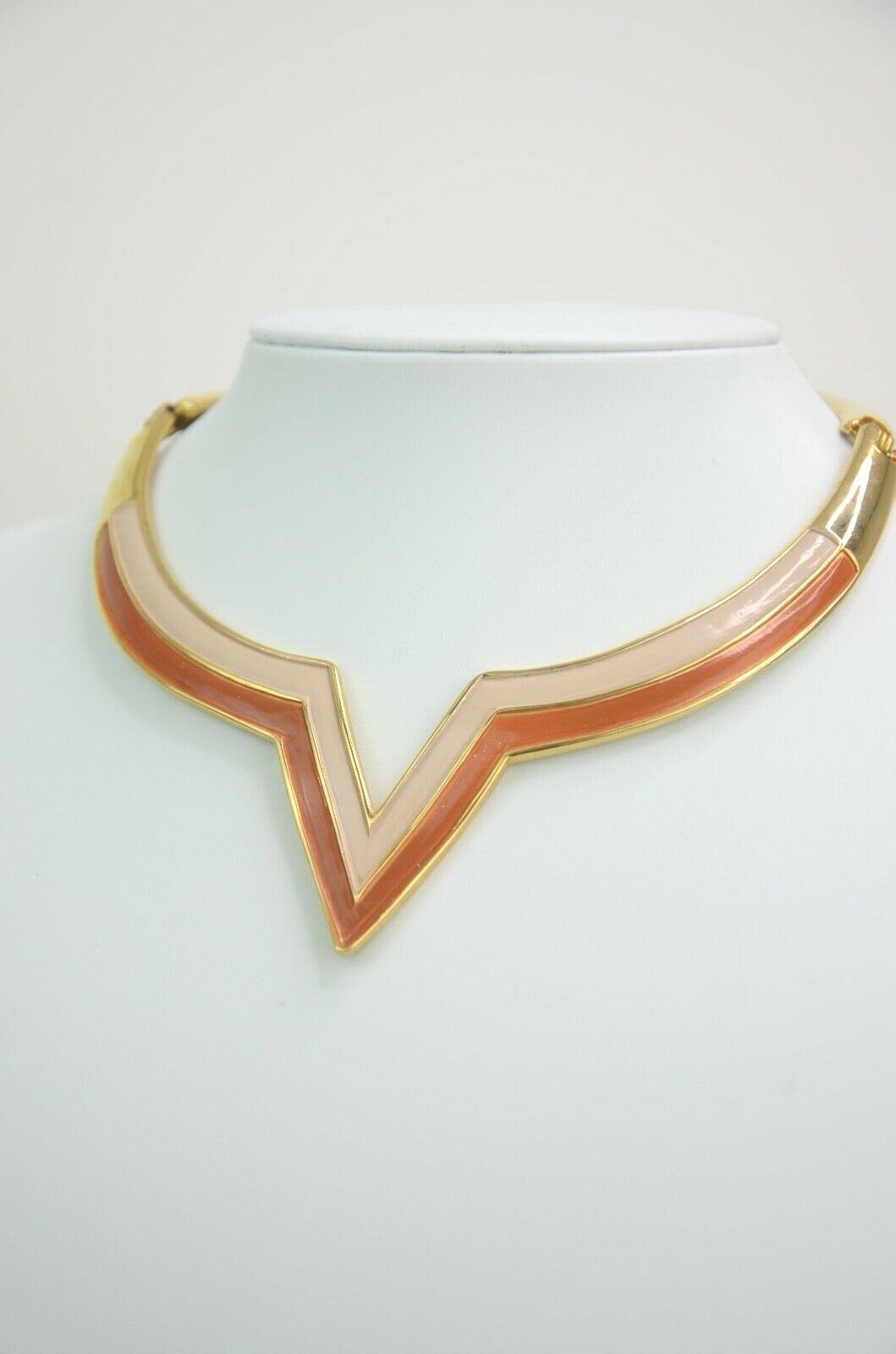 Valentino Gold Tone Collar Necklace "V" design Brown Beige Vintage