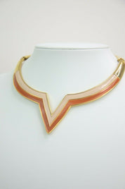 Valentino Gold Tone Collar Necklace "V" design Brown Beige Vintage