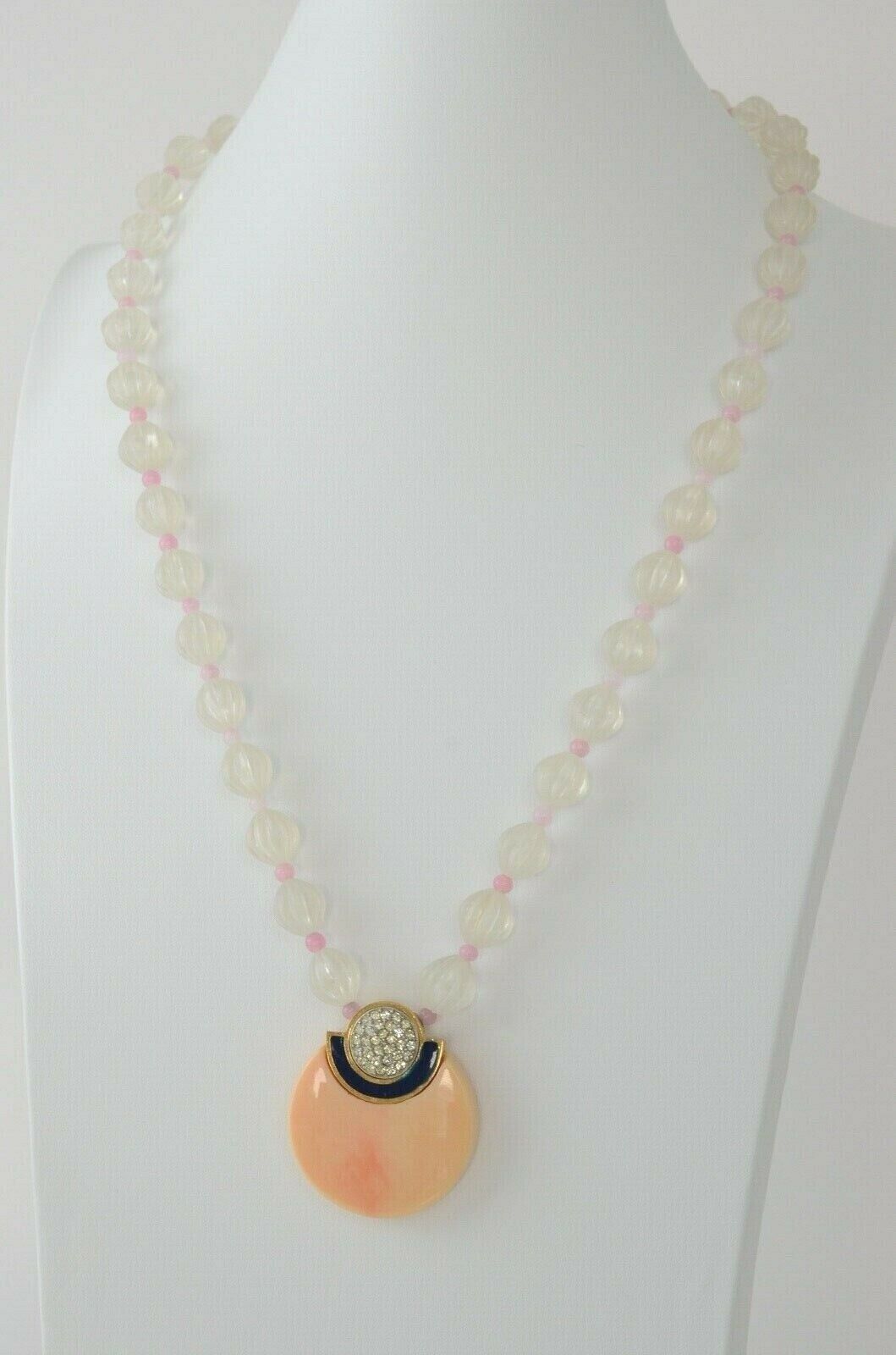 Vintage Givenchy Necklace Pendant, Chain Necklace, Clear Beads, Enamel Rhinestones, Pink Vintage Jewelry Gold, Gift for her