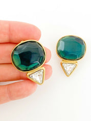 YSL Yves Saint Laurent Vintage Gold Tone Earrings Emerald Green Made in France