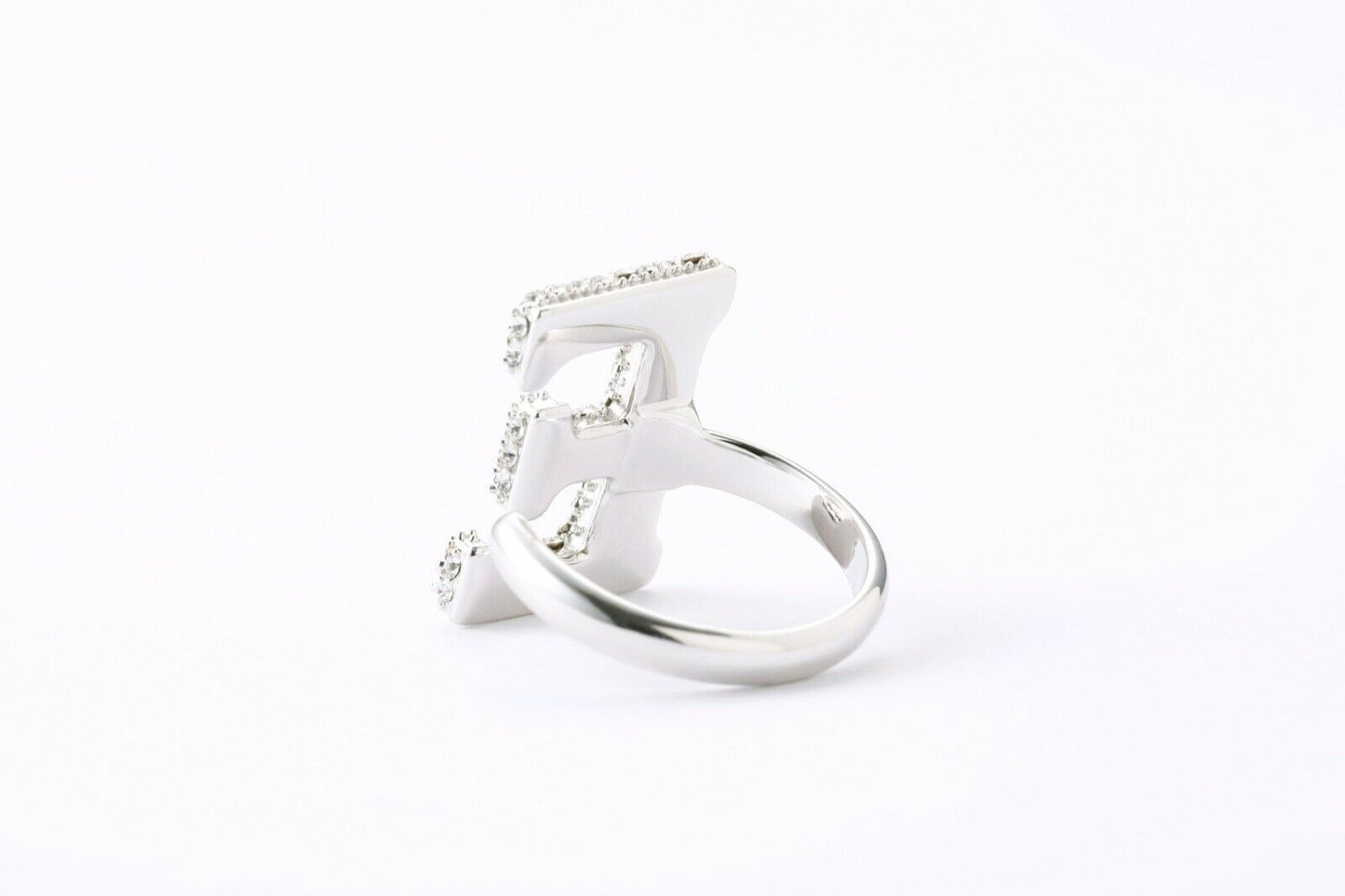 Alphabet Ring Initial E Swarovski Crystals Free Size Sterling Silver 925 Rhodium Plated