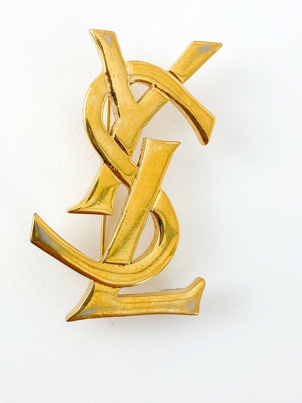 YSL Yves Saint Laurent Vintage Gold Tone Logo Brooch Pin