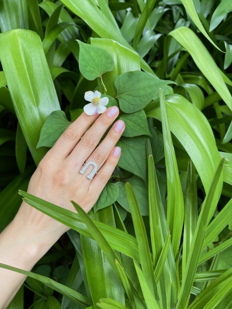 Alphabet Ring Initial U Swarovski Crystals Free Size Sterling Silver 925 Rhodium Plated