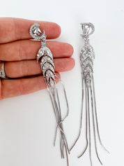 Christian Dior Silver Tone Vintage Clip-On Earrings Long Logo Rhinestones