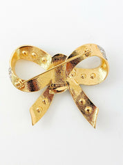 NINA RICCI Vintage Gold Tone Bow Ribbon Brooch Pin Rhinestone