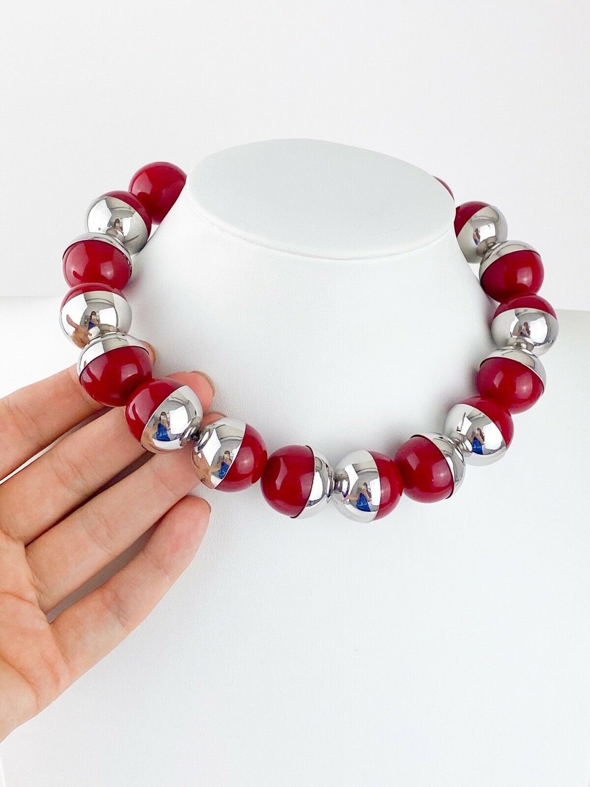 YSL Yves Saint Laurent Vintage Silver Tone Red Massive Bead Choker Necklace