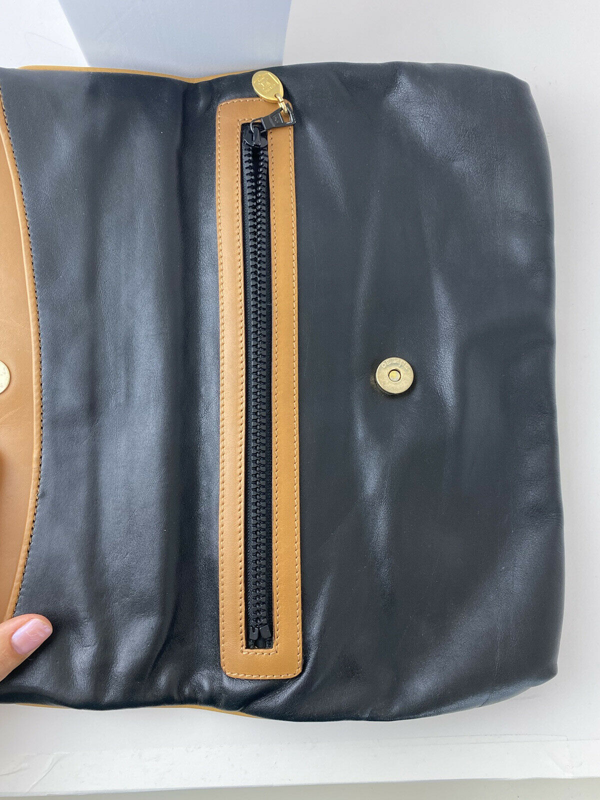 CELINE Vintage Leather Clutch Bag Logo Made in Italy Black Brown