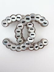 Chanel Vintage Silver Tone CC Logo Brooch Pin Natural Mother of Pearl Button Made in France