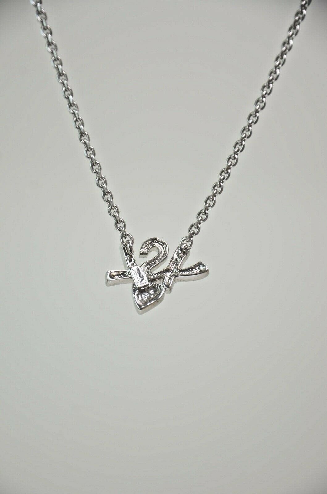 YSL Yves Saint Laurent Silver Tone Logo Heart Rhinestone Pendant Necklace Vintage