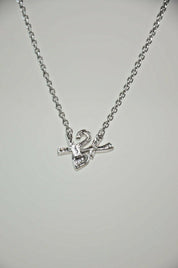 YSL Yves Saint Laurent Silver Tone Logo Heart Rhinestone Pendant Necklace Vintage