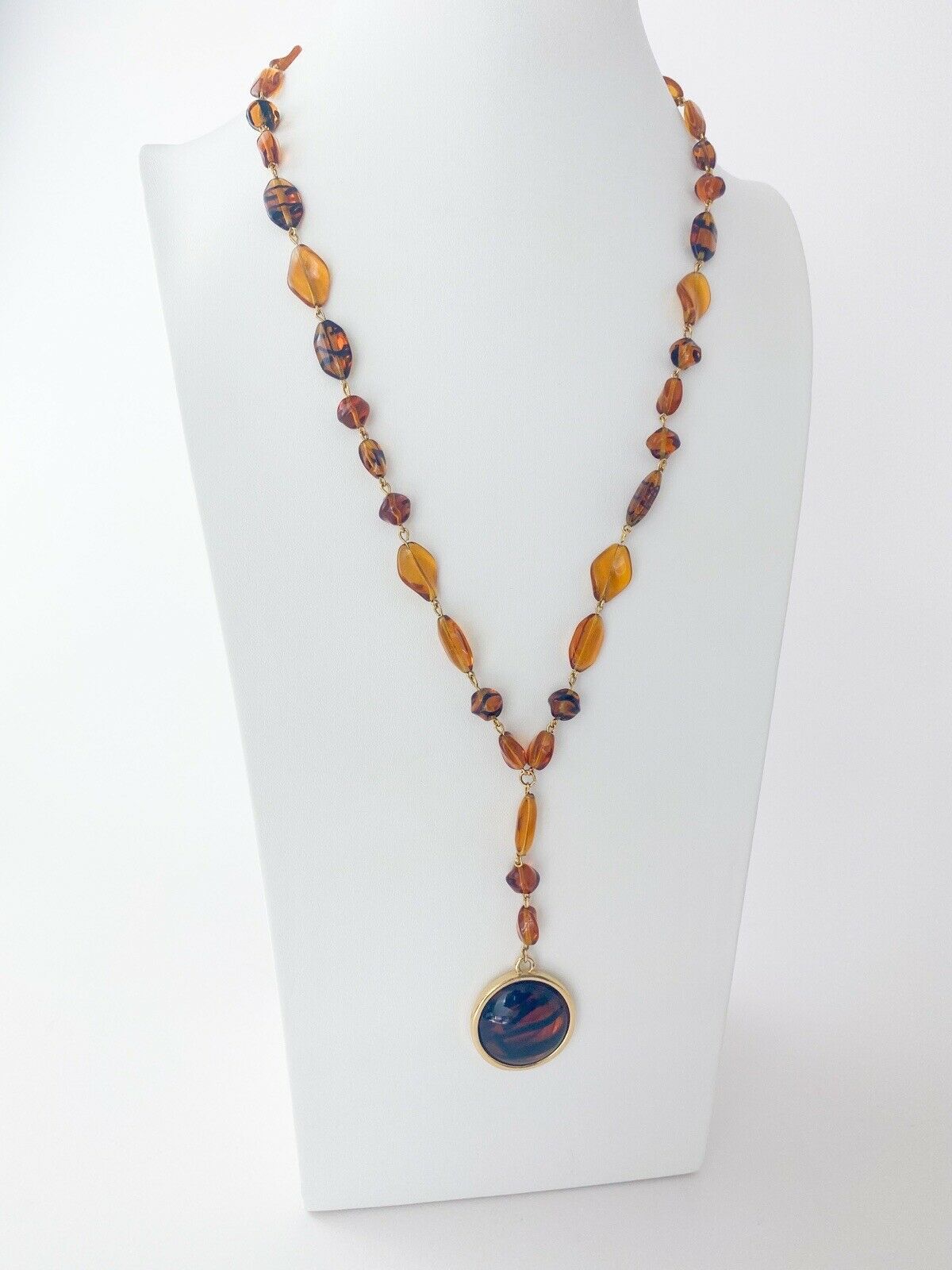 Givenchy Beaded Necklace Vintage Gold Tone Round Pendant Amber Brawn Gripoix